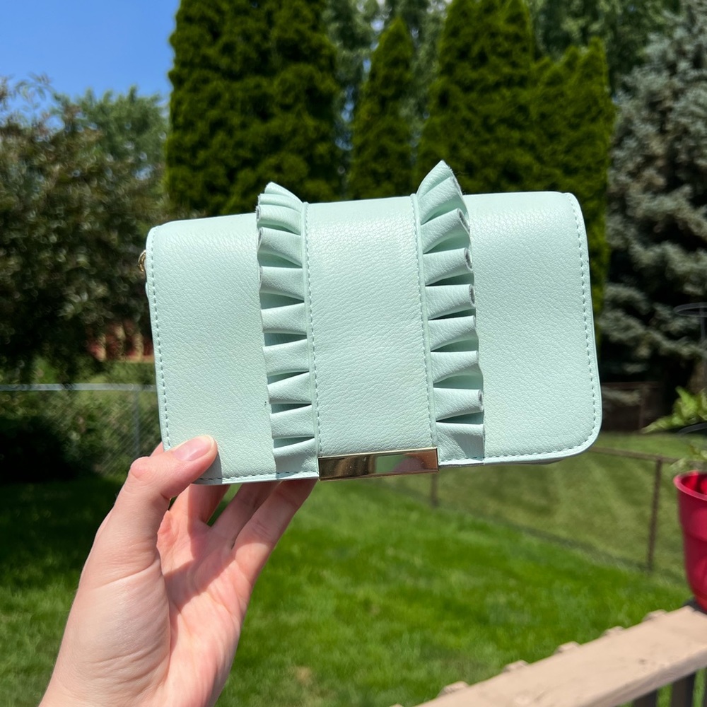 Aqua Mint Faux Leather Gold Crossbody Handbag Purse Charming Charlie Spring